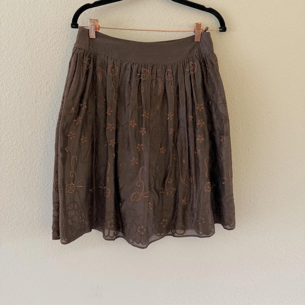 Chan Luu Y2K Embroidered Peasant Skirt Womens S Chocolate Brown Floral Boho Midi